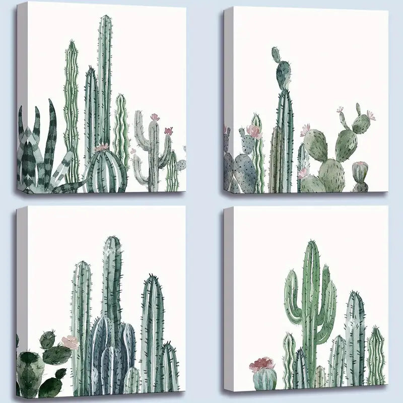 4pcs Mint Green Cactus Wall Art Canvas Framed
