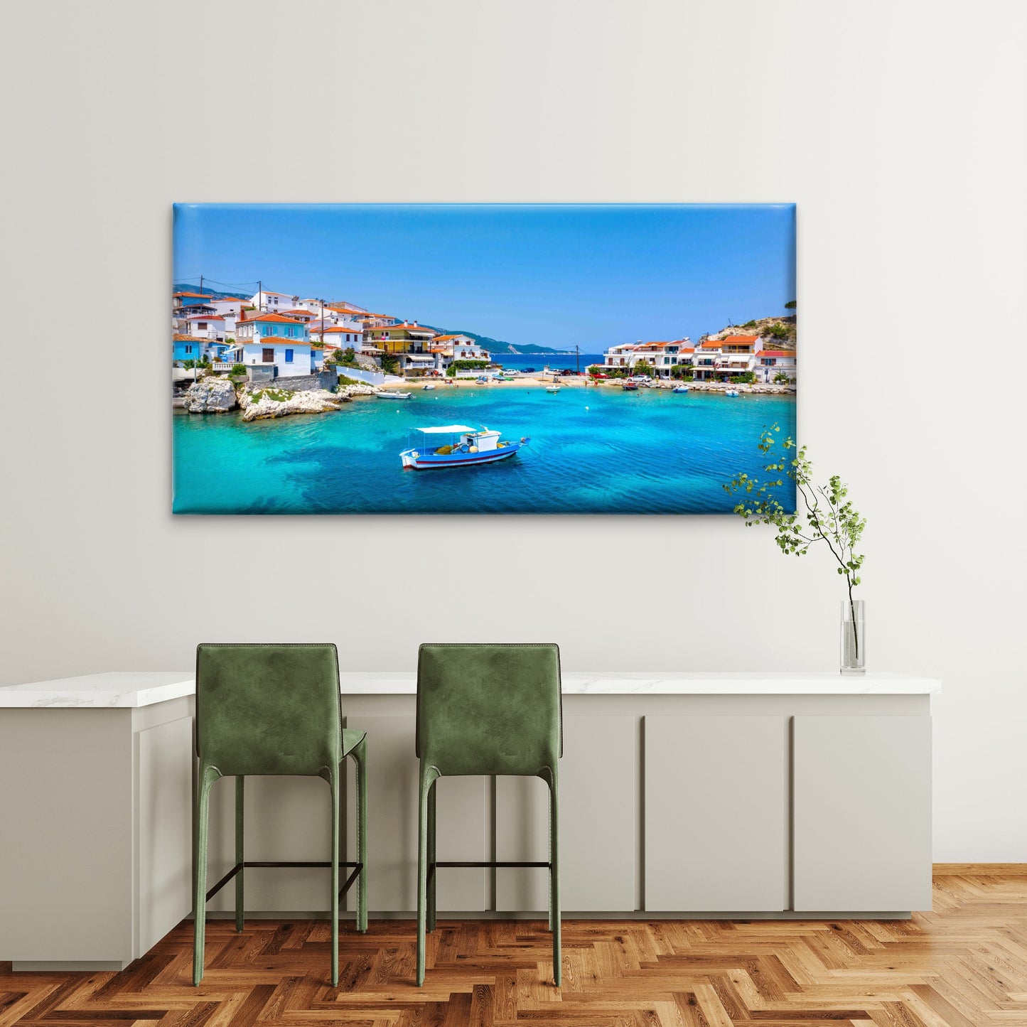 Greek Island Village Wall Art Canvas Office Home Room Framed 120x60cm