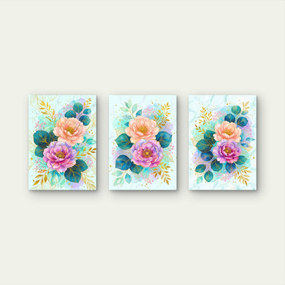 3pcs Watercolor Peony Floral Botanical Gold Leaves Blue Marble Wall Art Set Canvas Framed 40x60cm - High Quality Print 100% Australian Made Wall Canvas Ready to Hang