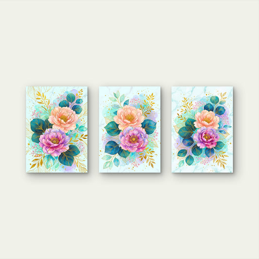 3pcs Watercolor Peony Floral Botanical Gold Leaves Blue Marble Wall Art Set Canvas Framed 50x70cm- High Quality Print 100% Australian Made Wall Canvas Ready to Hang