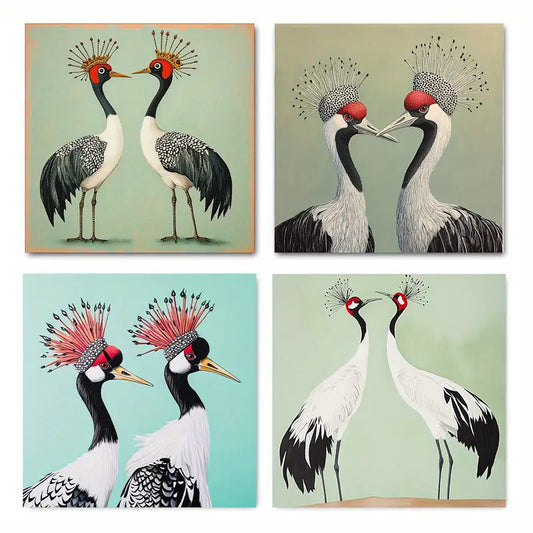 4pcs  Retro Beautiful Cranes Summer RB   Wall Art Canvas Framed