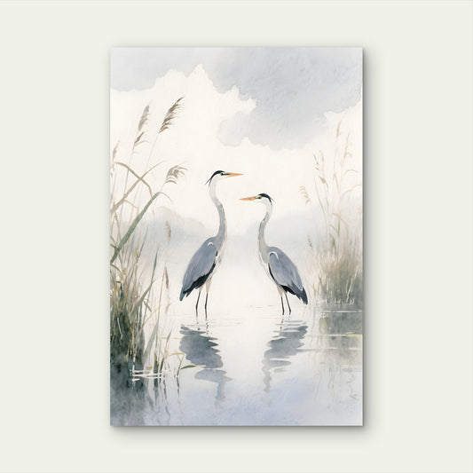 Painting Featuring Two Herons In Shallow Water 60x90cm Metal Print Ready to Hang