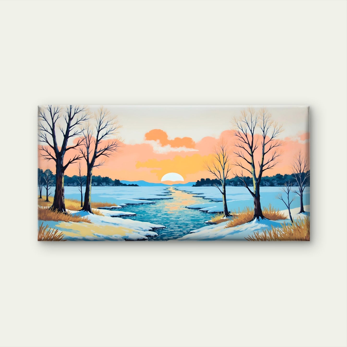 Winter Forest River Scene Wall Art Canvas Office Home Room Framed 120x60cm