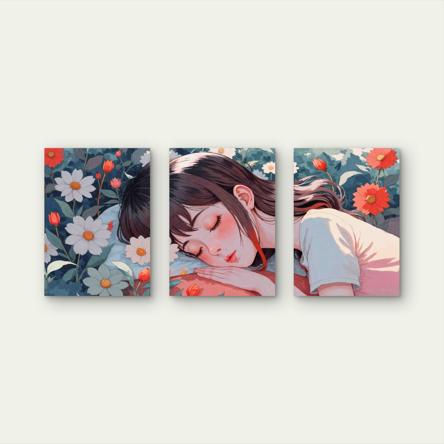 3pcs Dreaming Girl Lying Flowers Metal Print Ready to Hang Art