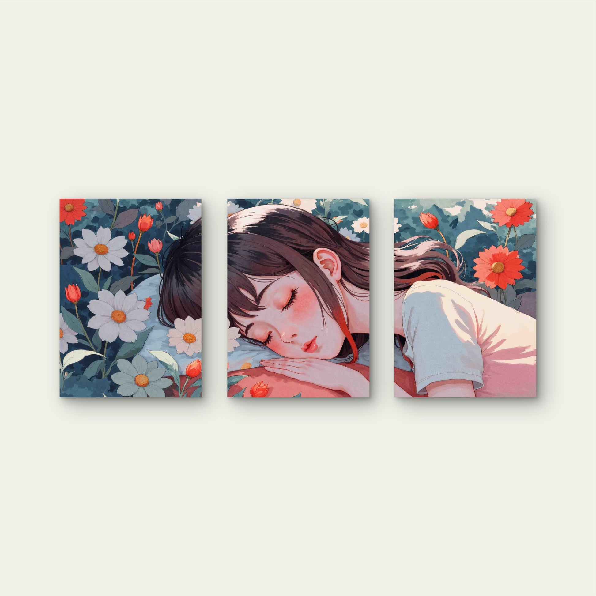 3pcs Dreaming Girl Lying Flowers Metal Print Ready to Hang Art