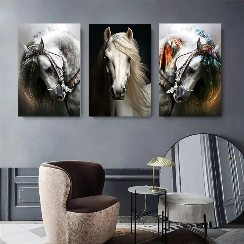 3pcs Black & White & Grey-Brown Mane Horses Metal Print Ready to Hang Art - Bella Home Decor