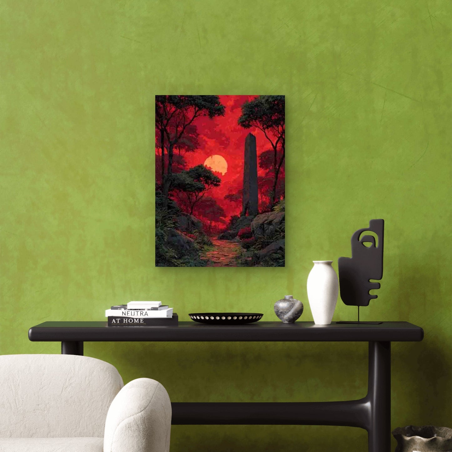 Enigmatic Red Twilight Ancient Obelisk Forest 60x90cm Metal Print Ready to Hang
