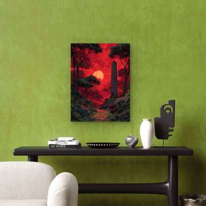 Enigmatic Red Twilight Ancient Obelisk Forest 60x90cm Metal Print Ready to Hang