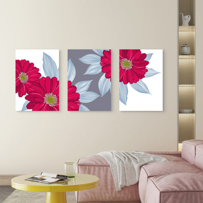 3pcs Pink Red Daisy Floral Line Illustration Drawing    Wall Art Set Canvas Framed 40x60cm - High Quality Print 100% Australian Made Wall Canvas Ready to Hang