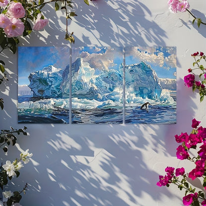 3pcs Iceberg Seascape Coastal Antarctica Scenery Wall Art Set Canvas Framed 50x70cm - High Quality Print 100% Australian Made Wall Canvas Ready to Hang