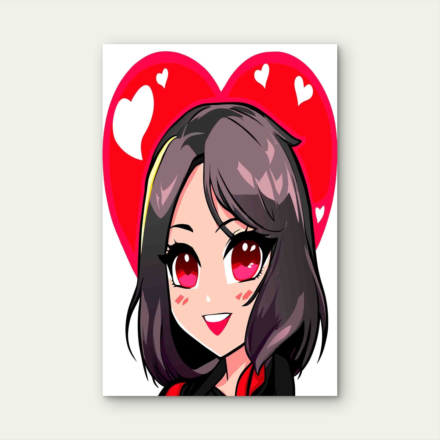 Cute Cartoon Girl With Heart Sticker in Kawaii Chibi Metal Print Ready to Hang