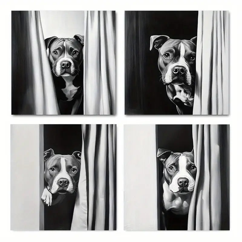 4pcs Dog Peeking Out Of Shower Curtain Wall Art Canvas Framed - Bella Home Decor