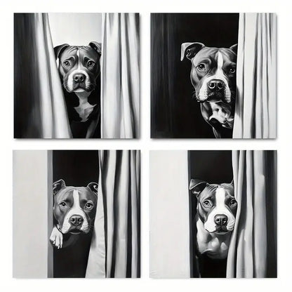 4pcs Dog Peeking Out Of Shower Curtain Wall Art Canvas Framed - Bella Home Decor