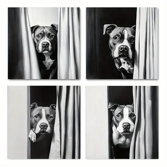 4pcs Dog Peeking Out Of Shower Curtain Wall Art Canvas Framed - Bella Home Decor