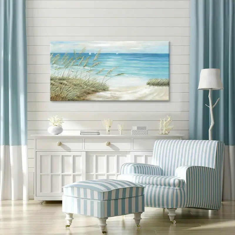 Beach Serene Coastal Sandy Shore & Ocean Waves Wall Art canvas office home room framed 120x60cm - Bella Home Decor