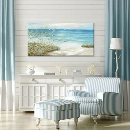 Beach Serene Coastal Sandy Shore & Ocean Waves Wall Art canvas office home room framed 120x60cm - Bella Home Decor