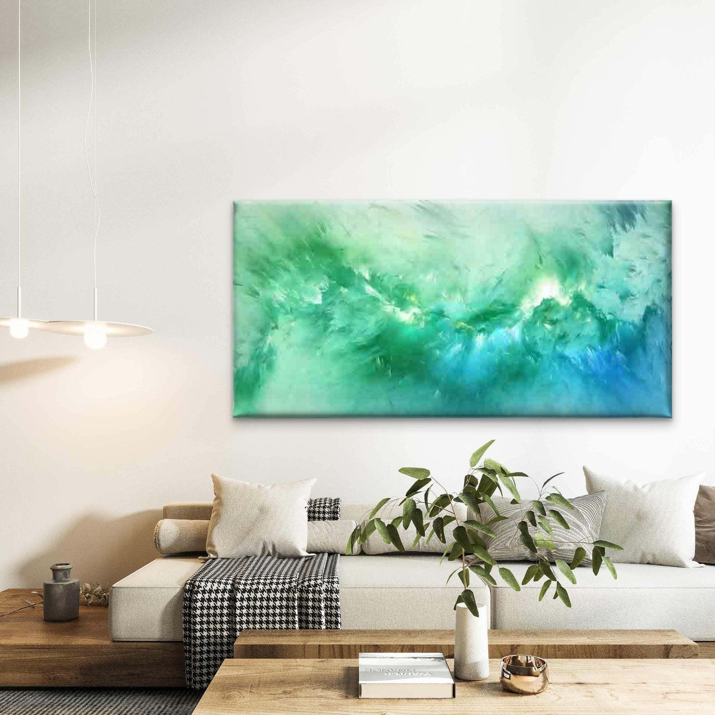 Abstract Green And Blue Waves Wall Art Canvas Office Home Room Framed 120x60cm