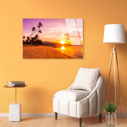 Beach Purple Golden Sunset Palm Acrylic Glass Printing Wall Art Australian Made Quality