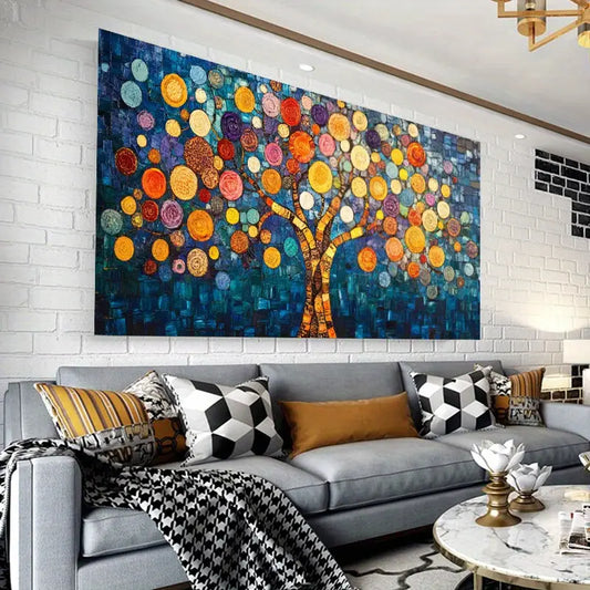 Tree of Life Circular Design in Blues & Oranges Wall Art wall canvas office home room framed 120x60cm