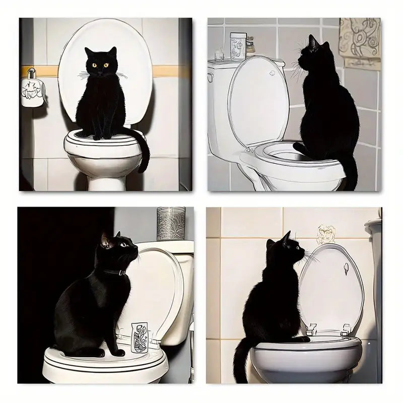 4pcs Bathroom Black Cat Standin Modern  Wall Art Canvas Framed