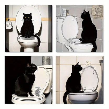 4pcs Bathroom Black Cat Standin Modern  Wall Art Canvas Framed