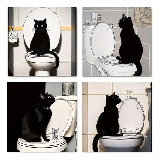 4pcs Bathroom Black Cat Standin Modern  Wall Art Canvas Framed