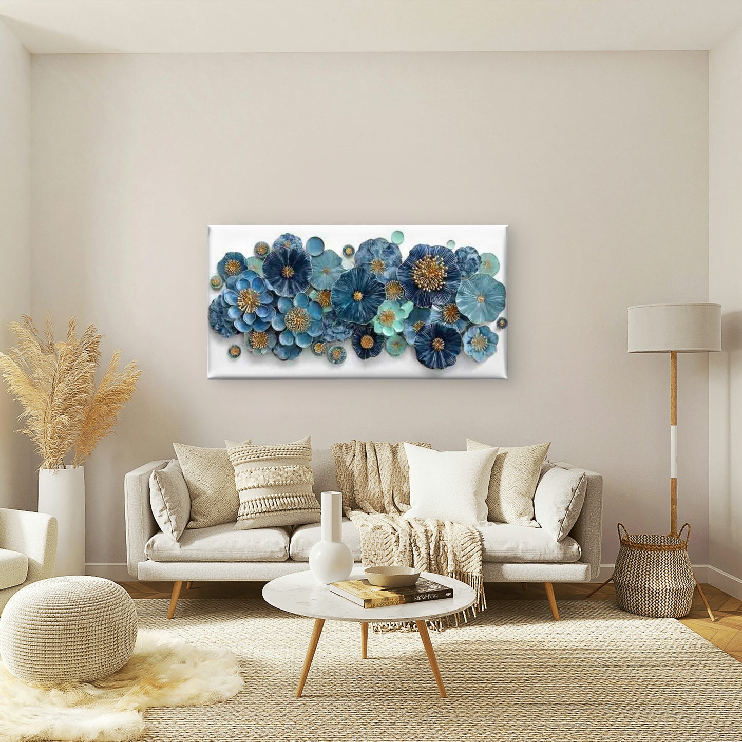 Abstract Blue & Dahlia Flowers Wall Art Canvas Office Home Room Framed 120x60cm - Bella Home Decor