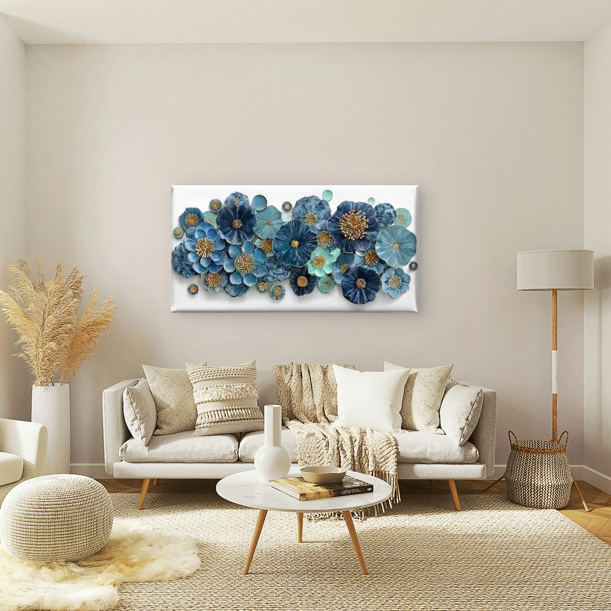 Abstract Blue & Dahlia Flowers Wall Art Canvas Office Home Room Framed 120x60cm - Bella Home Decor