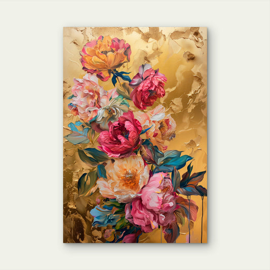 Gold Leaf Foil Pink Peony Floral Bouquet 40x60cm Metal Print Ready to Hang