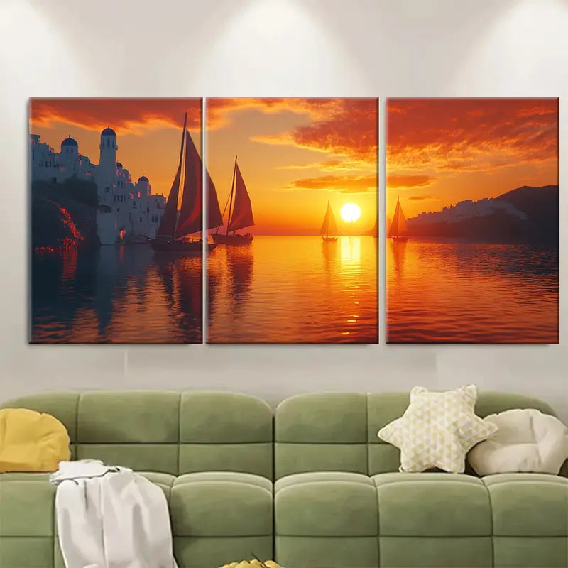 3pcs Greek Islands Sailboat Sunset Scene Wall Art Set Canvas Framed 60x90cm - High Quality Print 100% Australian Made Wall Canvas Ready to Hang