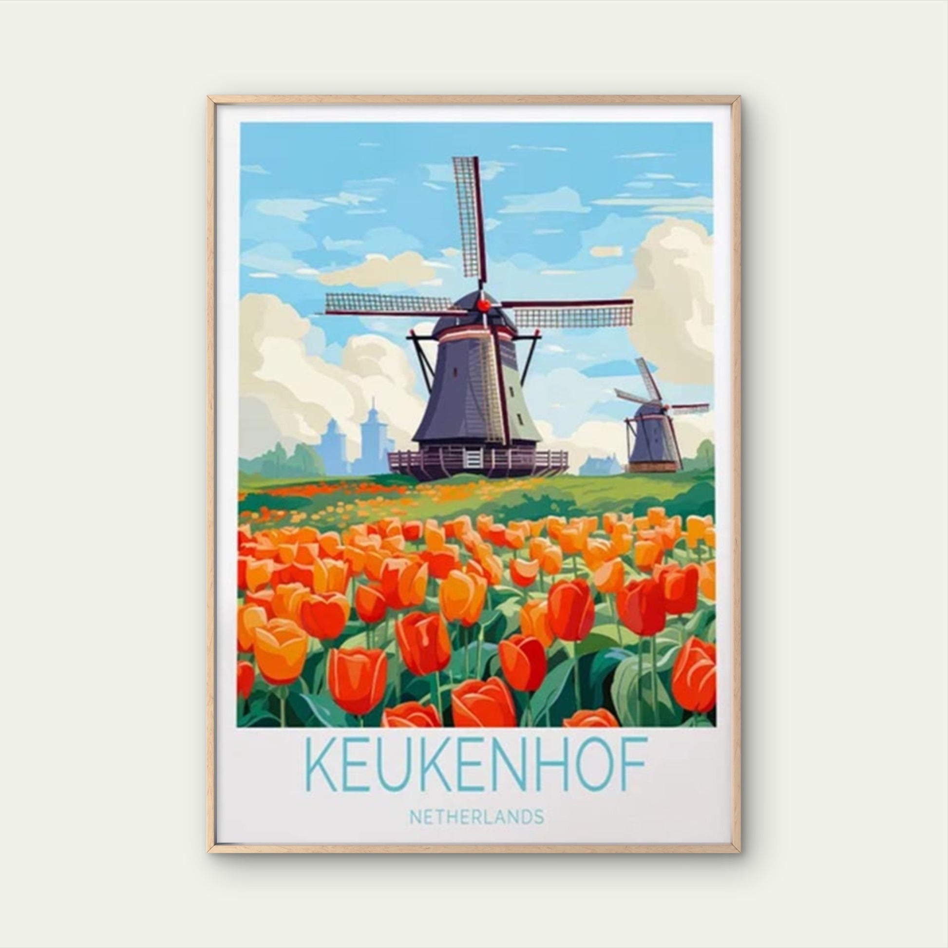 Keukenhof Netherlands, Tulip & Windmill Travel Poster Print Wall Art - Bella Home Decor