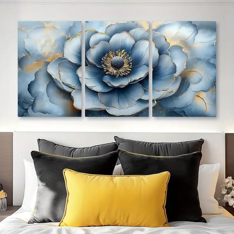 3pcs Blue Wild Rose Canvas Metal Print Ready to Hang Art - Bella Home Decor
