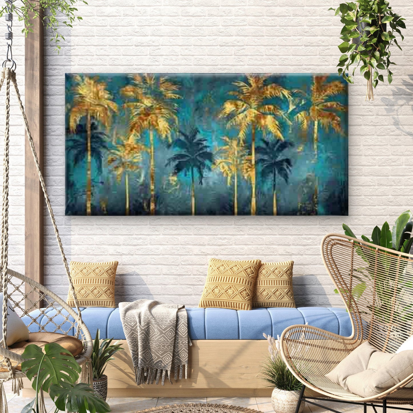 Yellow and Teal Palm Tree Wall Art Canvas Office Home Room Framed 120x60cm