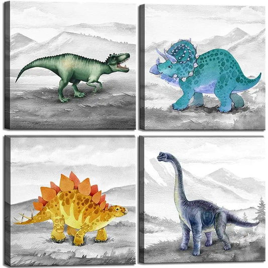 4pcs Dinosaur  Kids Room Nursery  Wall Art Canvas Framed