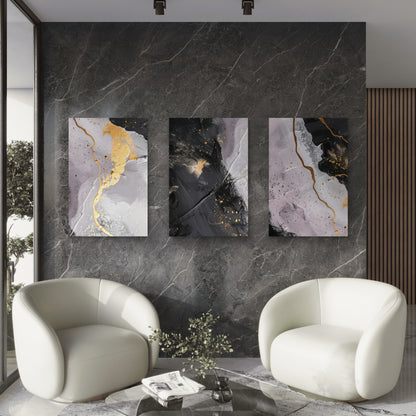 3pcs Black Purple Gold Fluid Marble Style  Wall Art Set Canvas Framed 40x60cm - High Quality Print 100% Australian Made Wall Canvas Ready to Hang