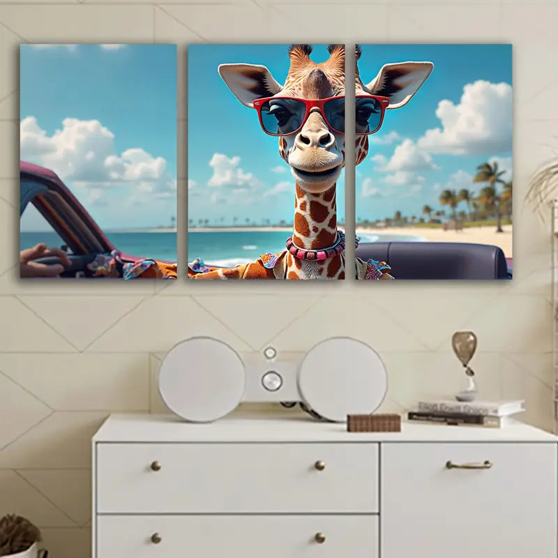 3pcs Giraffe With Palm Tree Scene Wall Art Set Canvas Framed 50x70cm - High Quality Print 100% Australian Made Wall Canvas Ready to Hang - Bella Home Decor