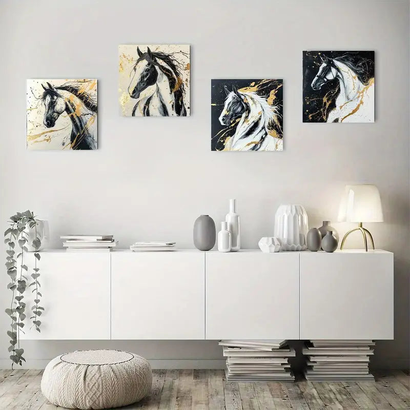 4pcs Elegant Graffiti-Style Horse Sign Wall Art Canvas Framed