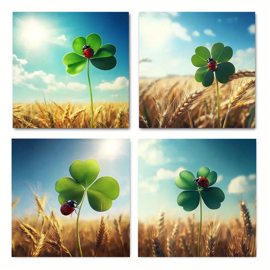 4pcs Ladybug & Clover Botanical  LC  Wall Art Canvas Framed