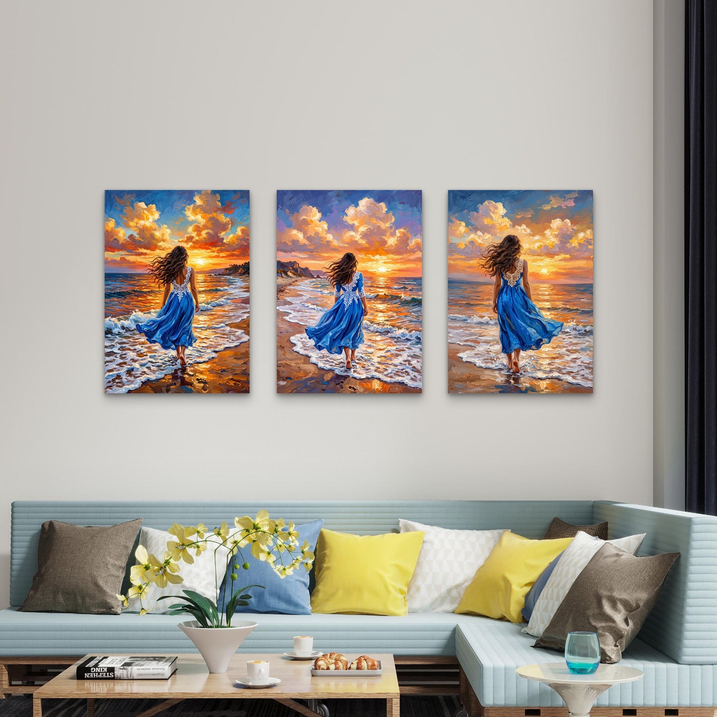 3pcs Woman in Blue Dress Walking on Beach Sunset Ocean Waves Wall Art Set Canvas Framed 40x60cm - High Quality Print 100% Australian Made Wall Canvas Ready to Hang