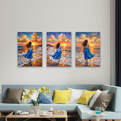 3pcs Woman in Blue Dress Walking on Beach Sunset Ocean Waves Wall Art Set Canvas Framed 60x90cm- High Quality Print 100% Australian Made Wall Canvas Ready to Hang