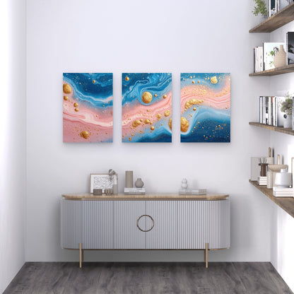 3pcs Blue And Rose Quartz Marble With Gold Accents Metal Print Ready to Hang Art