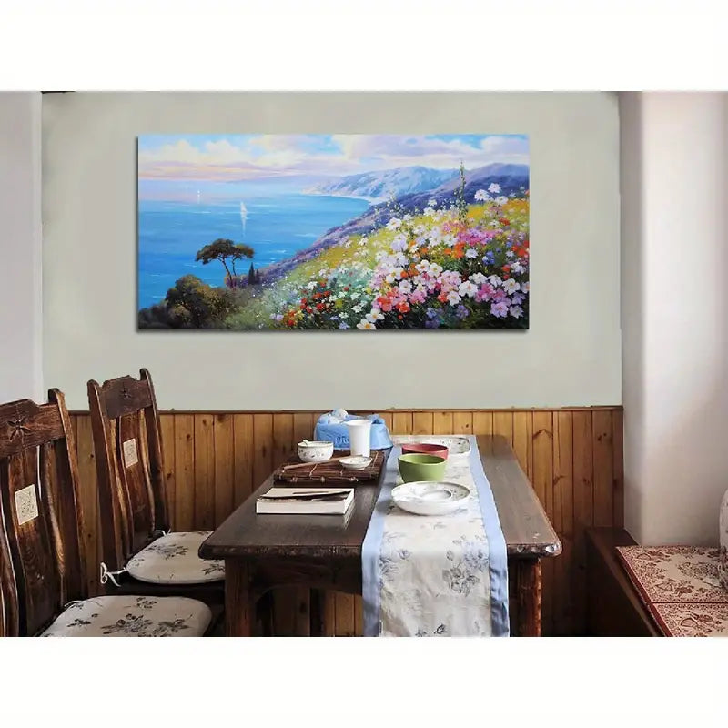 Blue Coastal Vibrant Flowers & Sailboats Ocean Seascape Wall Art canvas office home room framed 120x60cm - Bella Home Decor