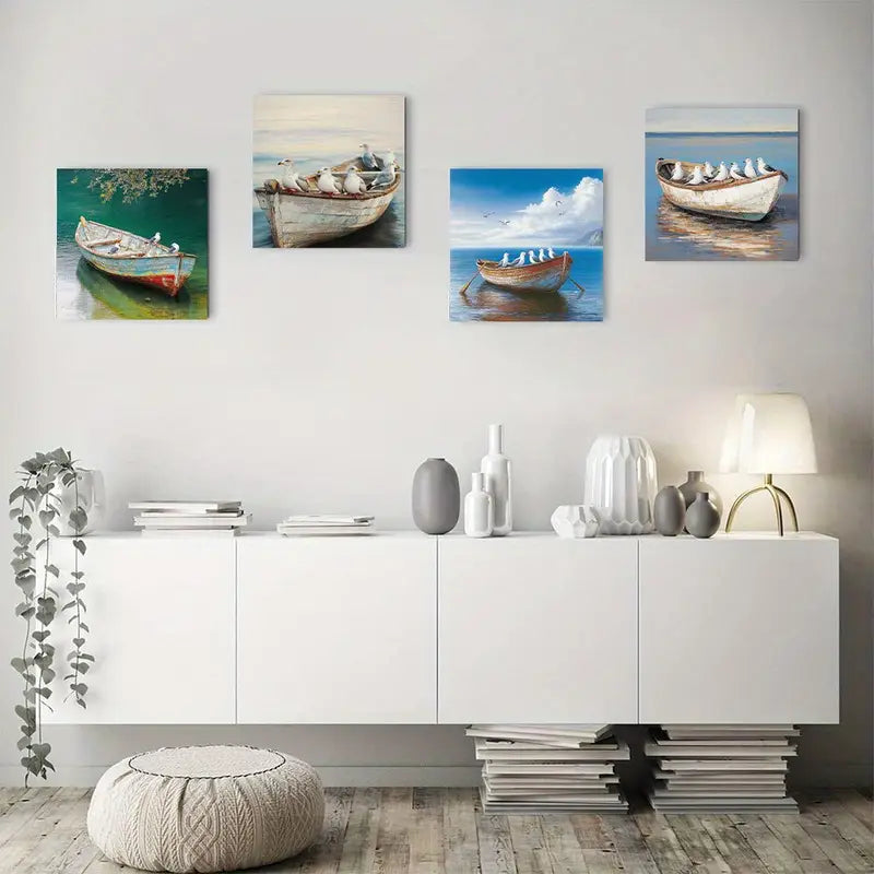 4pcs Coastal Seagull Coastal Seascape Sailboat  Wall Art Canvas Framed