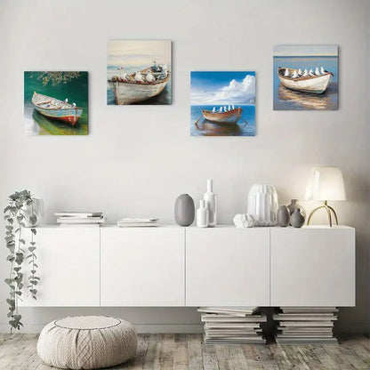 4pcs Coastal Seagull Coastal Seascape Sailboat  Wall Art Canvas Framed