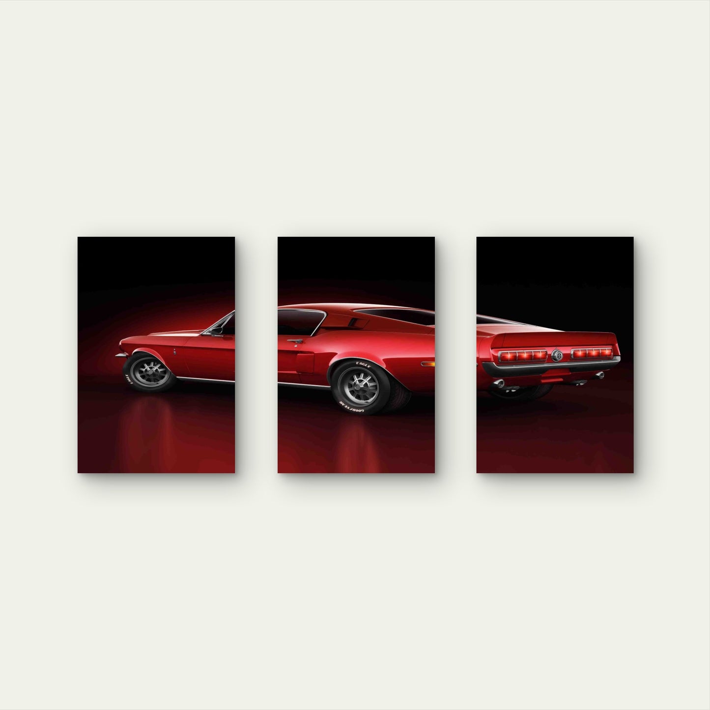 3pcs Crimson Metallic Fastback Muscle Car Metal Print Ready to Hang Art