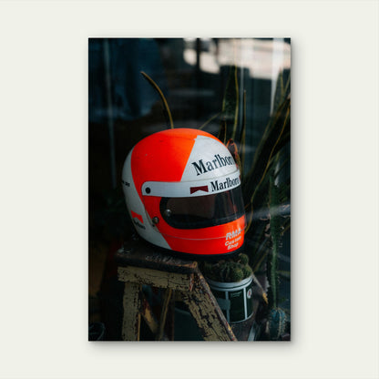 Vintage Racing Helmet Featuring Marlboro 40x60cm Metal Print Ready to Hang