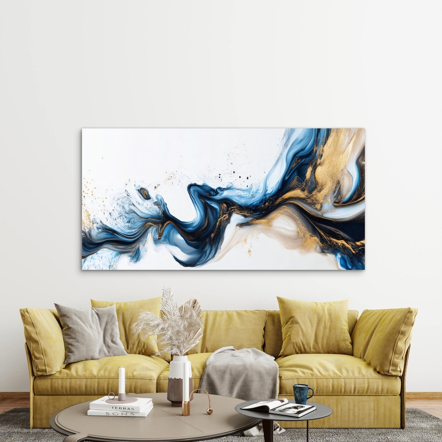 Abstract Blue Gold Swirl Wall Art Canvas Office Home Room Framed 120x60cm