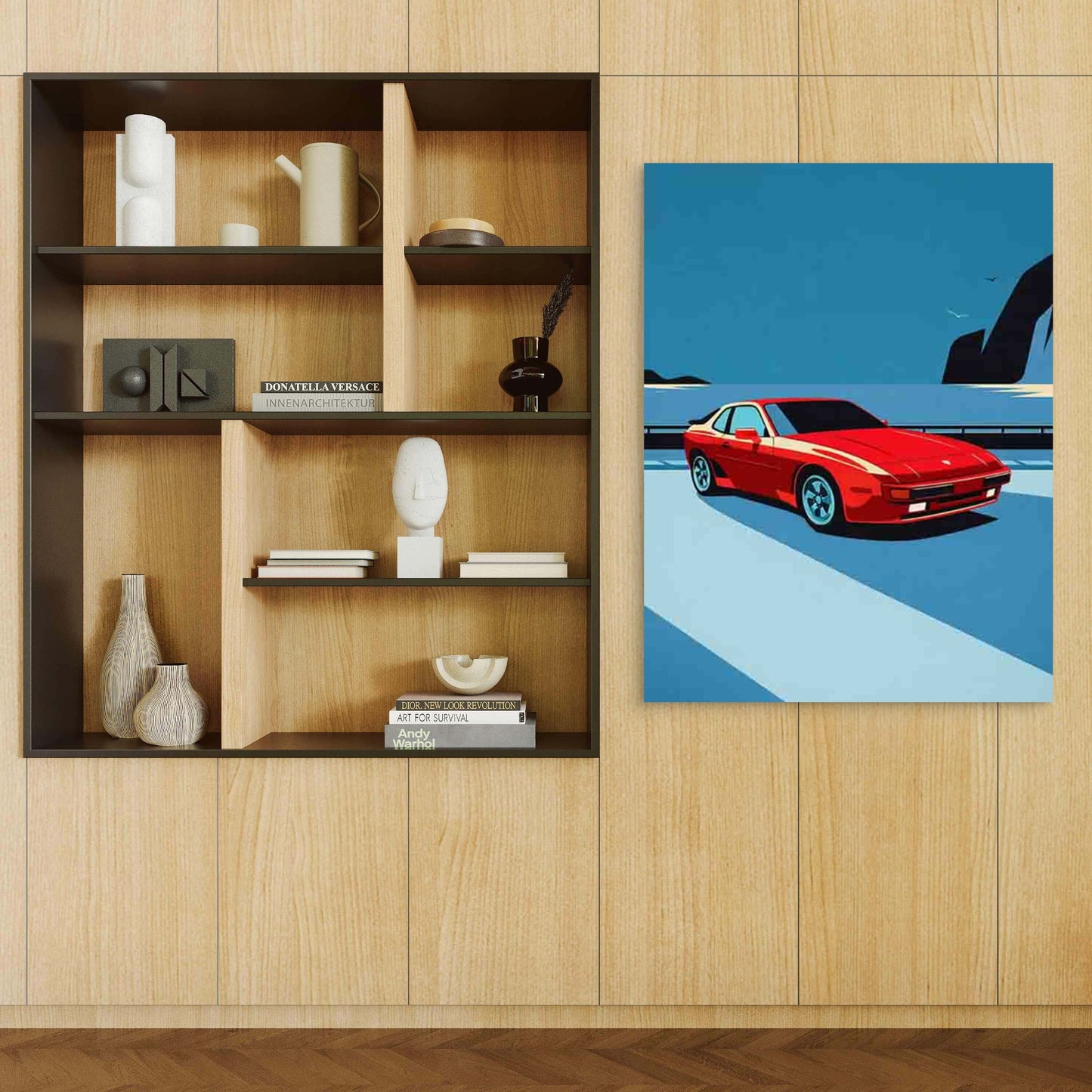 Red Modern Retro Sports Car 40x60cm Metal Print Ready to Hang - Bella Home Decor