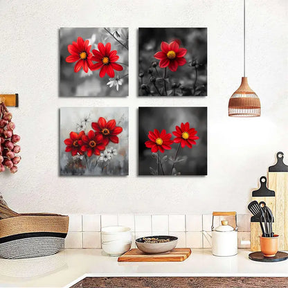 4pcs , Serene Floral Wall Art Canvas Framed