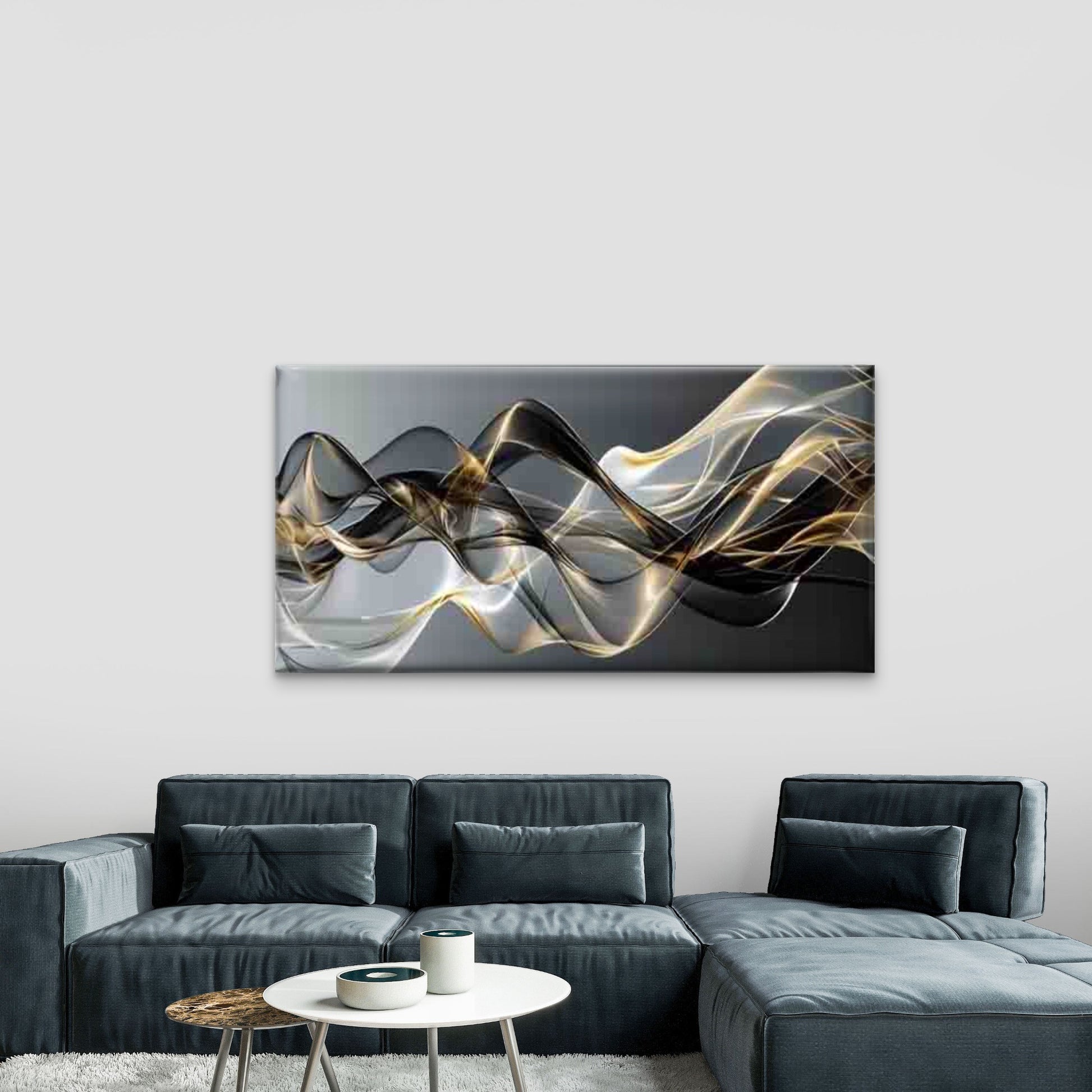 Golden Waves Flowing in Harmony Wall Art Canvas Office Home Room Framed 120x60cm - Bella Home Decor